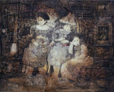 « Nadia et ses sœurs ». Huile sur toile et matériaux. 162x130 cm 