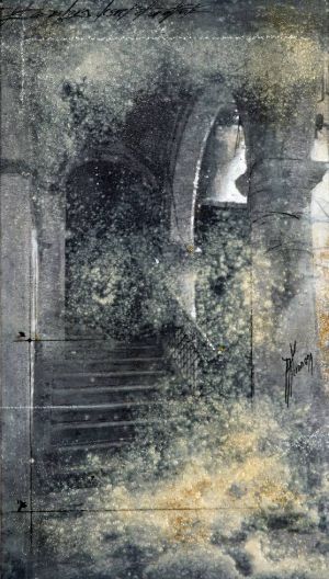 « Escalier de la Vieille Havane IV ». Techniques mixtes sur papier. 23x40 cm
