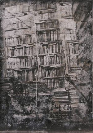 Étude II pour « La grande bibliothèque ». Techniques mixtes sur papier. 29x42 cm